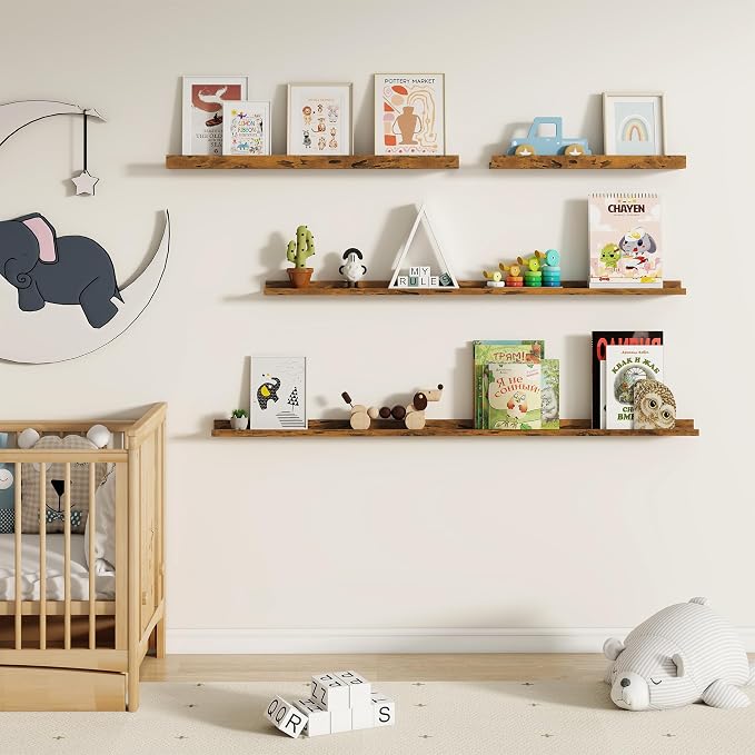 Fun Memories Floating Picture Ledge Shelves for Wall Set of 2, 55 Inches Picture Shelf with Ledge, Nursery Book Shelf for Storage Bookshelf Wall Mounted Living Room Bedroom Decor Frames, Rustic Brown