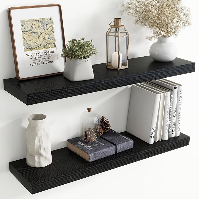 36 Inch Floating shelves for Wall, 8 Inch Deep, Invisible Brackets, Black | Rustic Wall Mounted Shelf, Storage & Display, Wooden Shelves for Living Room, Kitchen, Bathroom and Home Decor, Set of 2