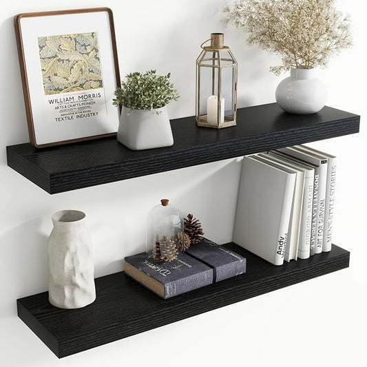 36 Inch Floating shelves for Wall, 8 Inch Deep, Invisible Brackets, Black | Rustic Wall Mounted Shelf, Storage & Display, Wooden Shelves for Living Room, Kitchen, Bathroom and Home Decor, Set of 2