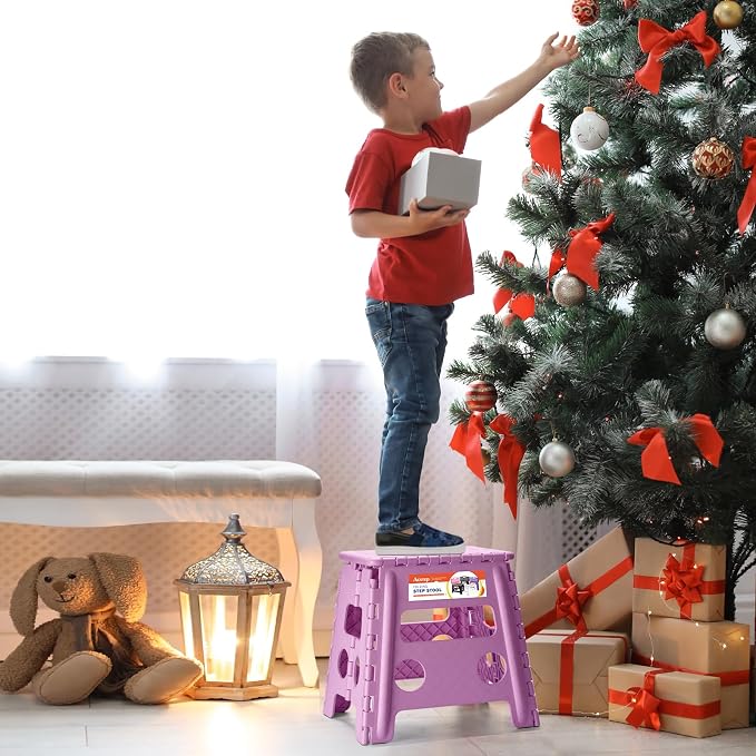 Foldable Step Stool for Adults 13 Inch, 300 lbs, Light Purple | Lightweight Stepping Stool with Handle and Non-Slip Surface, for Reaching Kitchen Cabinets, Bathroom Shelves and Closets
