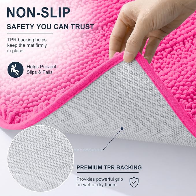 Smiry Thick Chenille Bathroom Rugs 30x20, Soft Absorbent Bath Mat, Hot Pink | Quick‑Dry & Machine Washable, Non‑Slip Bath Carpet, Striped Bath Rugs for Tub & Shower, Modern Home Decor Accessories