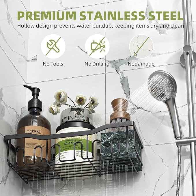 Simple Trending Shower Caddy, 5 Pack Stainless Steel Shower Shelves | Rustproof Shower Organizer with Large Capacity, No Drilling Bathroom Organizer Adhesive, Black Metal Storage Basket