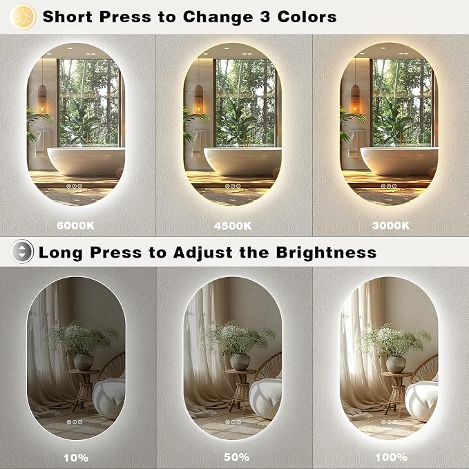 SMIROR 20x32 Oval Backlit LED Bathroom Vanity Mirror with Lights for Wall | Pill-Shaped, 3 Color Lighting, Anti-Fog, Memory, Tempered Glass, UL, Horizontal/ Vertical Wall- Mounted