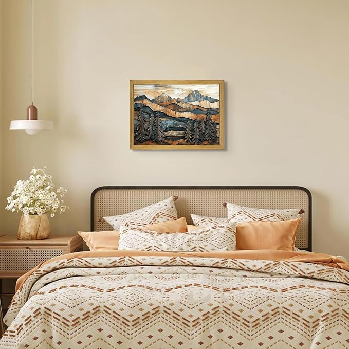 Vintage Boho Mountain Wall Art, Framed Landscape Canvas Wall Art, Nature Forest Wall Decor, Rustic Farmhouse Print Poster Painting for Living Room Bedroom Dining Room 12x16 Inch