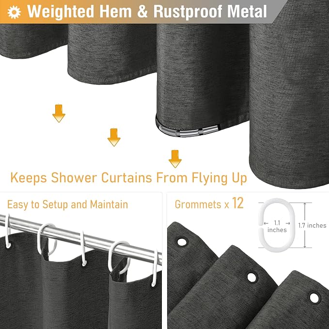 Long Linen Textured Waterproof Shower Curtain Set, 72x84, Grey/Gray | Tall Size, 230GSM Polyester, Heavy Duty Cloth, Weighted Hem, 12 Plastic Hooks, Modern Luxury Hotel Style, Machine Washable