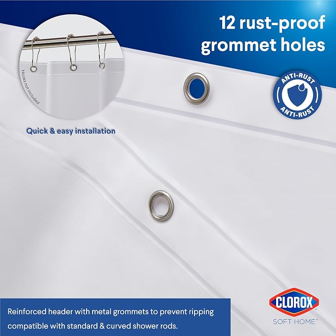 Clorox Shower Curtain Liner, Premium Medium-Weight Durable Waterproof 6g PEVA for Bathroom with Weighted Magnets, Standard Size 72" x 72", Frosty 1 Pack