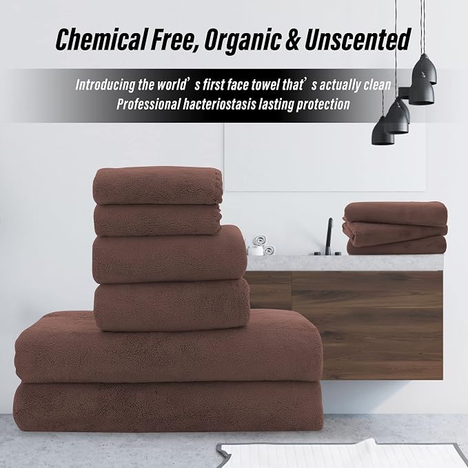 MOONQUEEN Ultra Soft Microfiber Coral Velvet Towel Set - Quick Drying, 2 Bath Towels, 2 Hand Towels, 2 Washcloths - Wood Brown, 6 Pcs