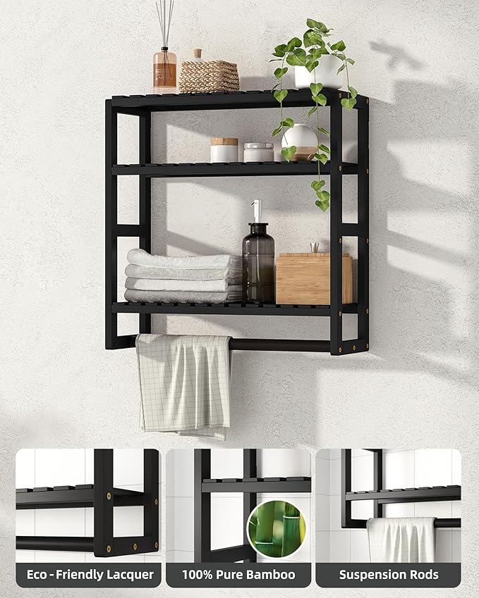 Galood Over The Toilet Storage Bathroom Shelves Wall Mounted 3 Tier Black-L | Space Saver Corner Shelf Organizer Bamboo Towel Rack Toilet Paper Cabinet with Hanging Rod