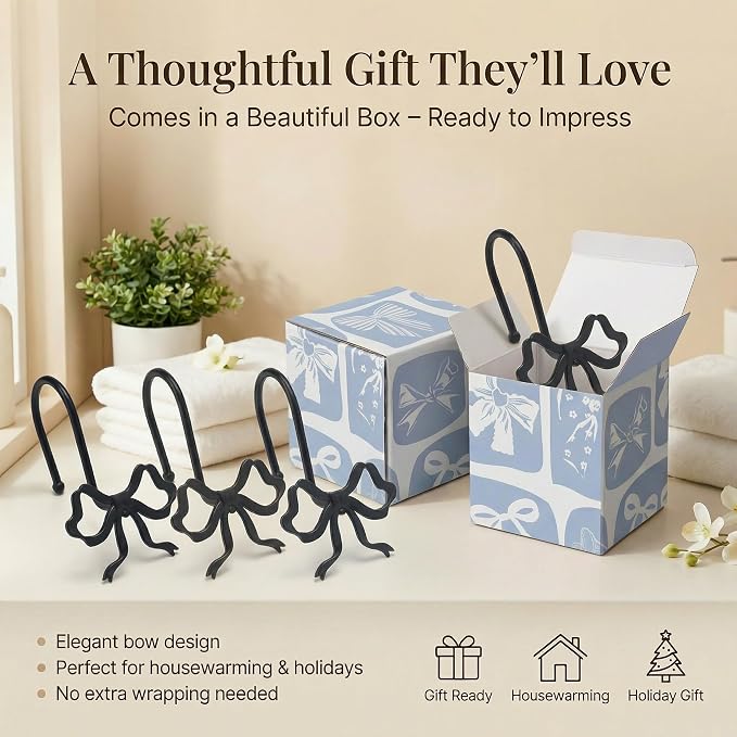 Bow Shower Curtain Hooks, 12-Pack Black Metal Decorative Bow Knot Rings | Rust-resistant metal rings with black bow knot accents add decorative charm to bathrooms, guest baths