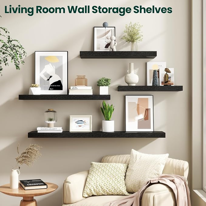 Floating Shelves for Wall, 24 Inch x 8 Inch Deep Wall Mounted Wood Shelf with Invisible Brackets for Storage & Display, Living Room Bedroom Kitchen, Black, Set of 2