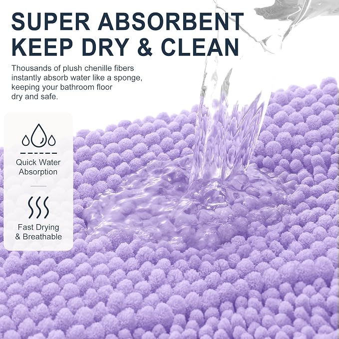 Smiry Thick Chenille Bathroom Runner Rugs 59x20, Soft Bath Mat, Lavender | Quick‑Dry & Machine Washable, Non‑Slip Bath Carpet, Striped Bath Rugs for Tub & Shower, Modern Home Decor Accessories