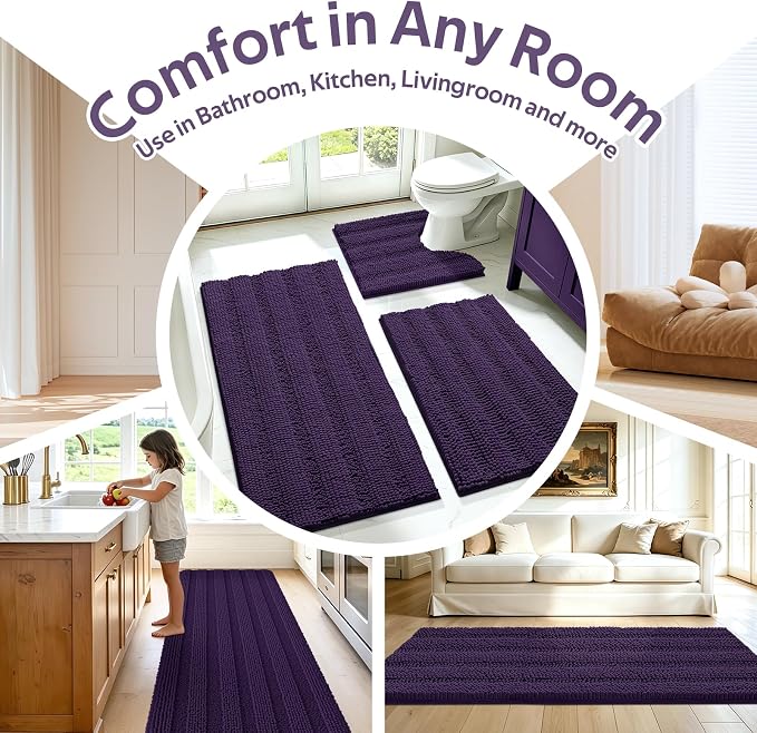 Striped Eggplant Purple Bathroom Rug Set 3 Pieces Ultra Soft, Non Slip Chenille Bath Carpet, Absorbent Plush Shaggy Bath Mats for Bathroom, Toilet, Bedroom, Kitchen