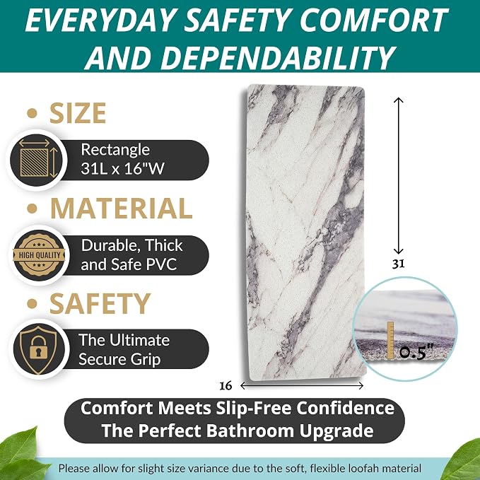 Non Slip Bathtub Mat Shower Mat for Tub - Loofah Bath Mats for Bathroom - 31x16 Bathtub Floor Mat - Textured Anti Slip Bath Mat Without Suction Cups - Secure Mat for Wet Areas (31x16 Marble Gray)