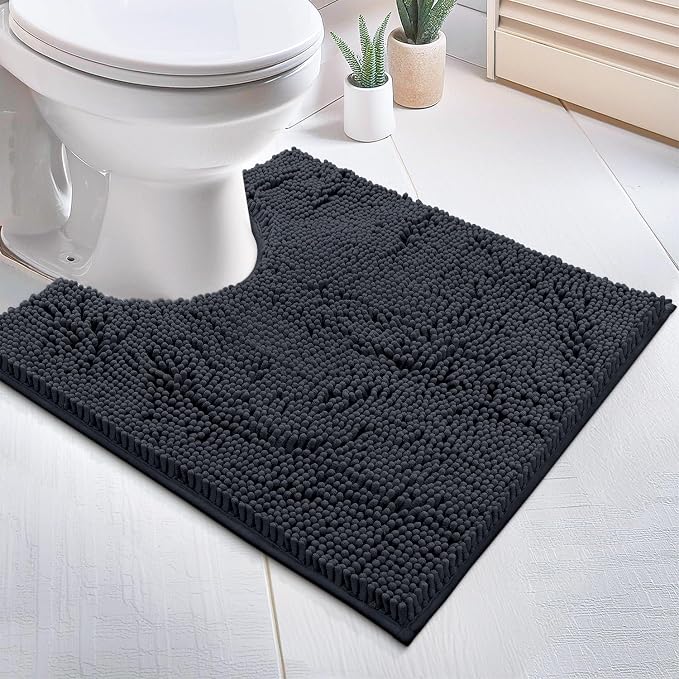LuxUrux Charcoal Bath Mat - U-Shaped Contoured Rug for Around Toilet, Super Absorbent Shaggy Bath Rug. Easy Machine Wash & Dry (20" x 23", Charcoal)