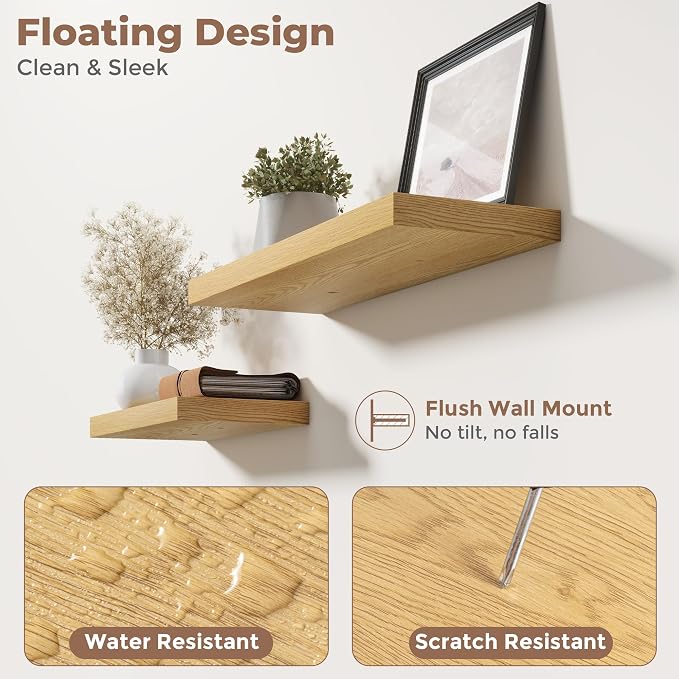 32 Inch Floating Shelves for Wall 2 Pack, 8"D Wood Grain Bathroom Shelves | Invisible Brackets, Oak Finish, Easy Install | Engineered Wood Storage Shelves for Kitchen, Study, Bedroom