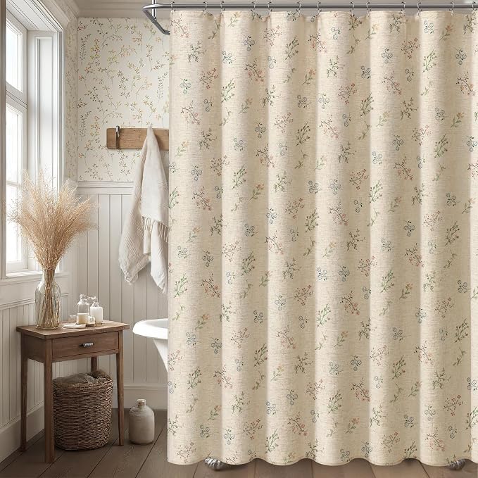 Floral Farmhouse Vintage Linen Shower Curtain, French Country Spring Shower Curtains for Bathroom, 72Wx72H