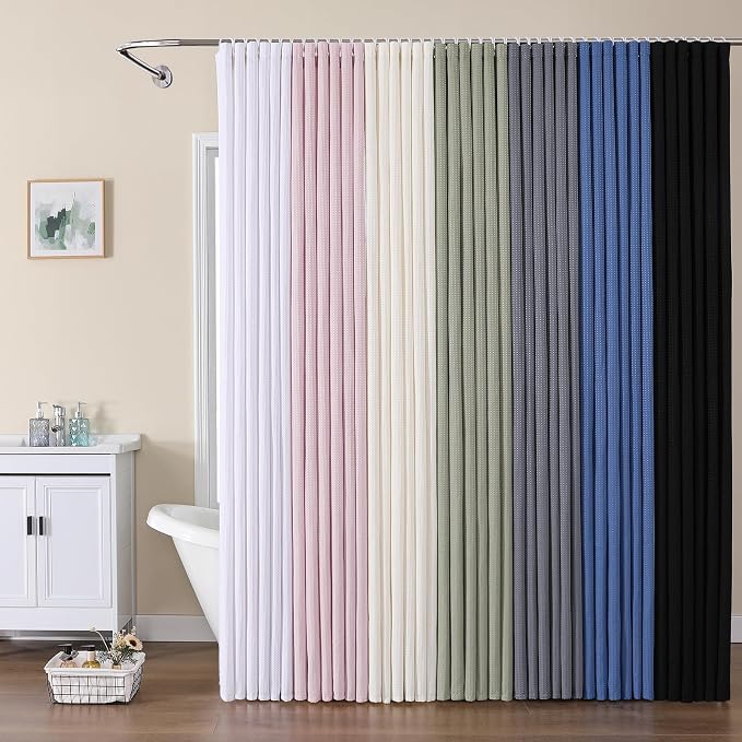 Extra Long Shower Curtain Set- 96 Inch Long Waffle Weave Heavy Duty Fabric Shower Curtains for Bathroom, Luxury Heavy Duty Thick Cloth Shower Curtain with 12 Plastic Hooks, 72x96, Black