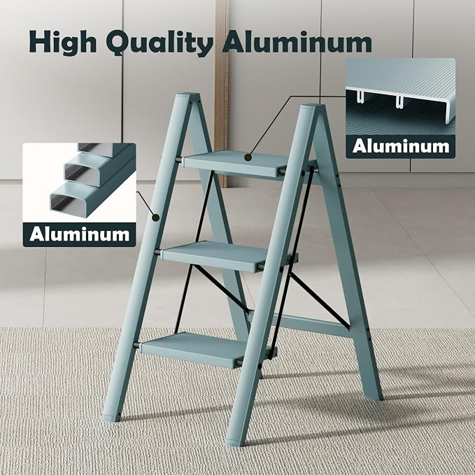 Taranta 3 Step Stool Foldable,Aluminum Step Ladder-Serene Blue | Lightweight,Wide Anti-Slip Pedals,Folding Step Stool,330lbs Capacity Stepladder for Household,Kitchen,Office