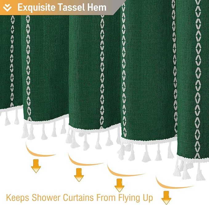 Emerald Green Boho Farmhouse Linen Heavy Duty Shower Curtain, 72x72 | 330GSM Linen Blend, Water Repellent, Vintage Striped Fabric, 12 Plastic Hooks, Rustic Country, Machine Washable, for Bathroom