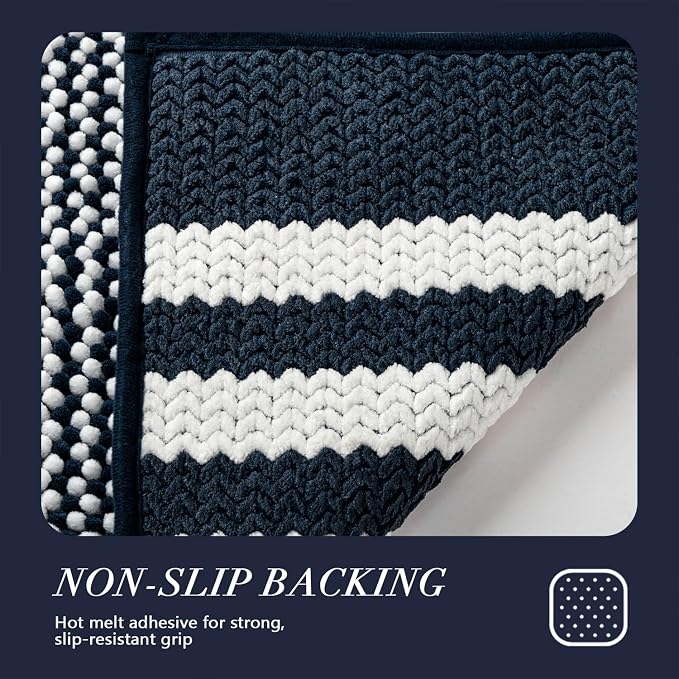 Navy Blue Bathroom Rugs Set 2 Piece, Extra Soft Absorbent Fluffy Striped Chenille Bathroom Floor Mat, Non Slip Quick Dry Washable Bath Rugs for Shower, 20" x 47" Plus 20" x 32"
