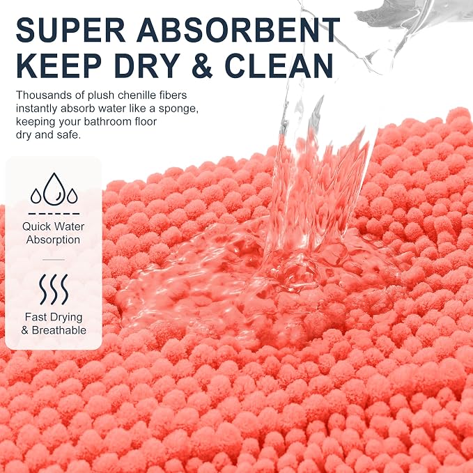 Smiry Thick Chenille Bathroom Runner Rugs 47x20, Absorbent Bath Mat, Coral | Quick‑Dry & Machine Washable, Non‑Slip Bath Carpet, Soft Striped Bath Rugs for Tub & Shower, Modern Home Decor Accessories