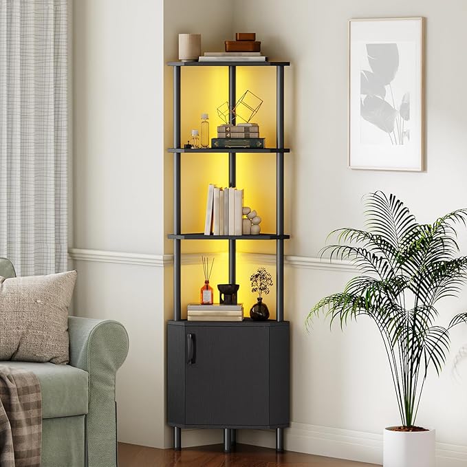 HOOBRO Corner Cabinet with LED Light, Corner Shelf Stand with Storage and Doors, 5-Tier Industrial Corner Bookshelf, 59” Tall Display Rack Shelf, for Living Room, Kitchen, Black BB147DCJ01