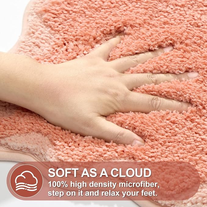 ORTIGIA Cute Coral Pink Scalloped Bath Mat, Fun Plush Microfiber Scallop Bathroom Rugs Non Slip Washable Quick Dry Absorbent, Bath Rug Carpet for Shower Stall Vanities Kitchen Floor Entrance, 17x47