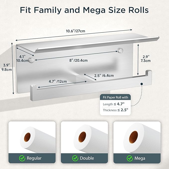FORIOUS Toilet Paper Holder with Shelf, Commercial Toilet Paper Dispenser | Brushed Nickel | SUS304 Stainless Steel Wall Mount Double Bathroom Tissue Roll Holder for Hotel, Apartments, etc