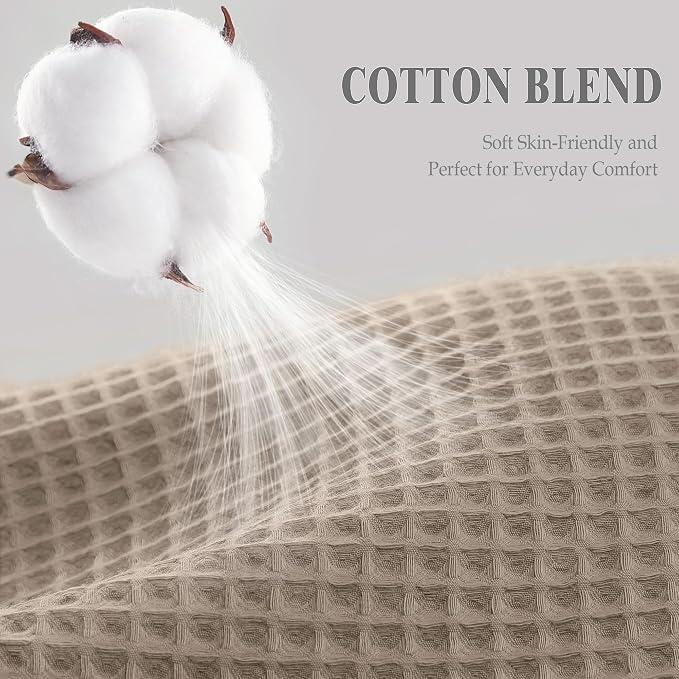 Waffle Weave Shower Curtain Heavyweight Cotton Fabric Beige 72Wx75L | Soft Cotton Cloth,3D Square Truely Waffle Washable, Hotel Luxury Spa, Shower Curtain Set for Bathroom 12 Plastic Hooks