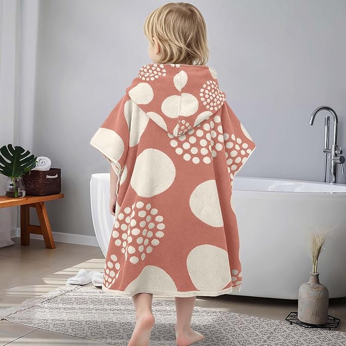 VOOVA & MOVAS Kids Hooded Poncho Towel, 4-8 Years, 100% Cotton, Red Dot | Exquisite Dot Jacquard Weave, Smooth Fabric, Soft, Absorbent & Quick Dry, Suitable for Bathing and Seaside
