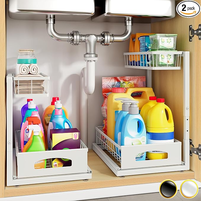Under Sink Organizer, 2-Pack L-Shaped Metal Pull-Out Drawers for Kitchen | Cabinet Organizer Height Adjustable Heavy Duty Metal 2-Tier Storage Fits Beside Common Pipes for Bathroom Pantry