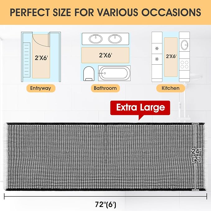 Extra Large Waffle Bath Mat Black & Cream 6'x2'(72" x 24"), Boho Woven Modern Bath Mat Rugs, Absorbent Non Slip Bathroom Rugs, Soft Washable Bath Rugs with Tassels for Bathroom