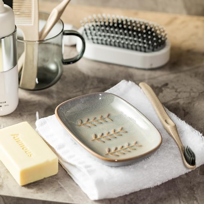 Miamolo Ceramic Soap Dish Soap Holder, Soap Lift for Bar Soap Sponge, Shower Soap Dishes for Bathroom Kitchen Counter Soap Saver Tray Keep Dry, Dishwasher Safe (Pack of 2)