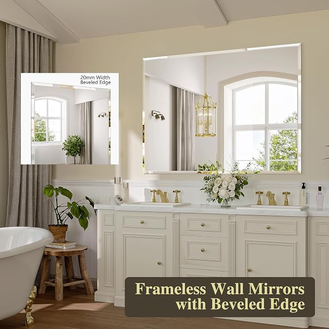 Frameless Bathroom Mirror, 24" x 36" Beveled Wall Mirror | 5mm HD glass, 20mm beveled edge, frameless, anti-rust, shatterproof, french cleat, horizontally or vertically