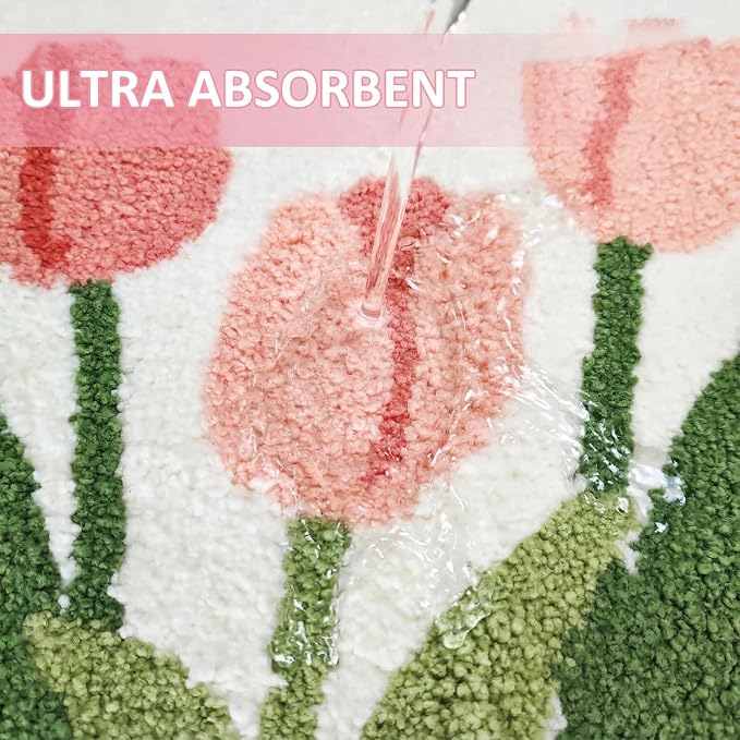 Tulip Flower U-Shaped Toilet Mat, Romantic Floral Non-Slip Bath Rug with Wave Edge Design, Soft Absorbent Microfiber Floor Mat for Toilet Base, Machine Washable Bathroom Decor (U-Shaped Pink) | Romantic Floral, Non-Slip Bath Rug, Wave Edge Design, Soft...