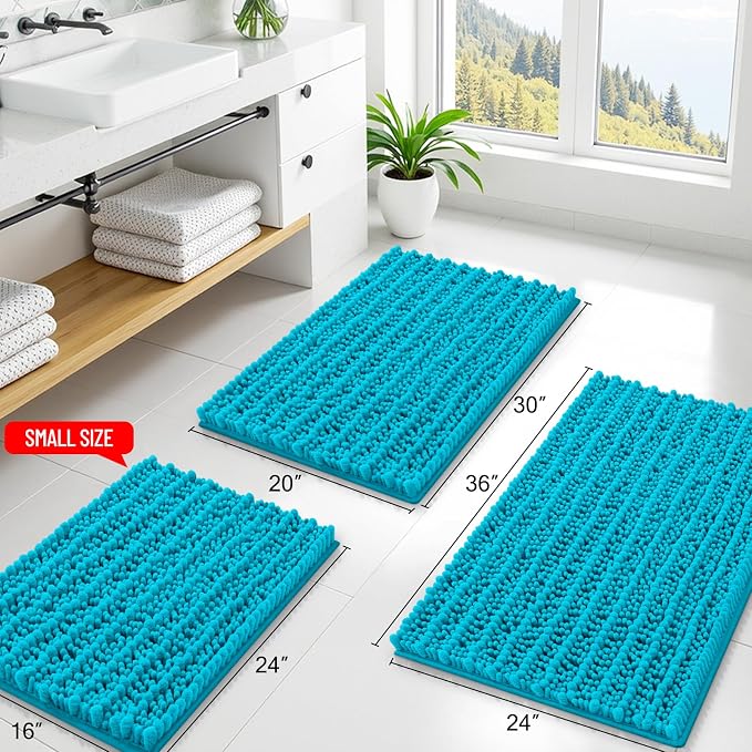 Smiry Bathroom Rugs 24X16, Extra Soft Rubber Backing Chenille Bath Mats | Aqua Sky Machine Washable Non Slip Quick Dry Bath Mats for Bathroom Floor, Tub, Shower, Home Decor Accessories