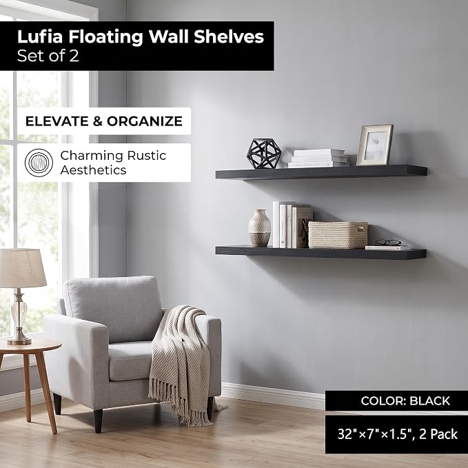 Lufia Floating Wall Shelves, Set of 2, MDF with Invisible Brackets | Multi-scene storage for kitchen, bathroom, bedroom & living room