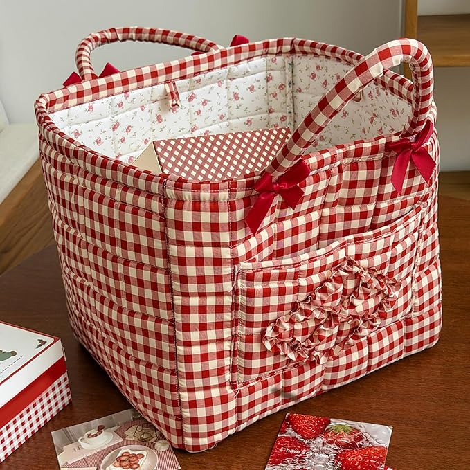 Storage Basket Boho Fabric Large Collapsible Floral Laundry Nursery Hamper Portable Folding Storage for Clothes Toys (Red Plaid)