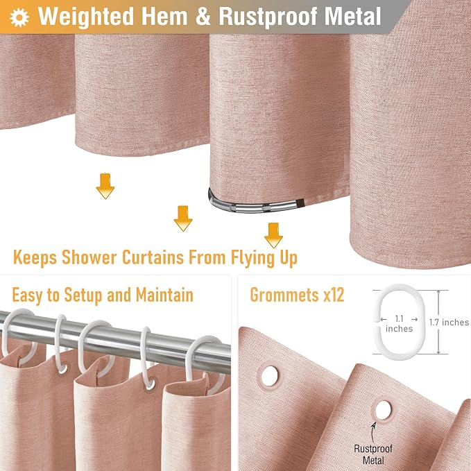 Long Linen Textured Waterproof Thick Shower Curtain Set, 72x84, Blush | Tall Size, 230GSM Polyester, Heavy Duty Cloth, Weighted Hem, 12 Plastic Hooks, Modern Luxury Hotel Style, Machine Washable