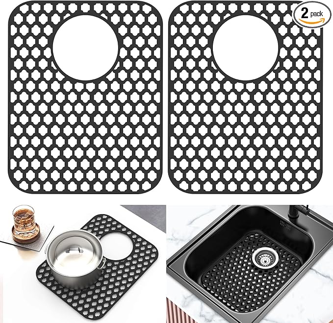 2 Pack Silicone Sink Protector Mat for Kitchen Sink Rear Drian Black | 13-9/16" x 11-5/8" Non-Slip Heat-resistant and Durable Silicone Grid