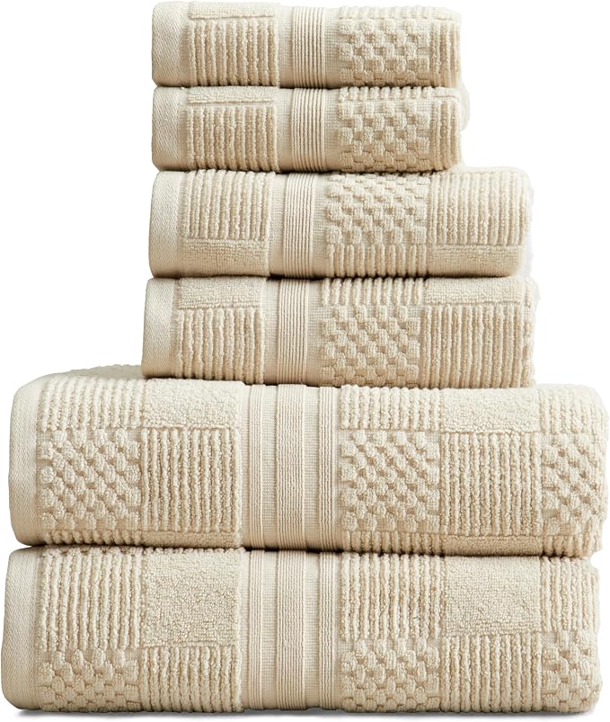 100% Cotton Bath Towel Set | 6-Piece Set | Textured | Beige | Luxury Geometric Design | Absorbent & Quick-Dry Bathroom Towels | Textured and Durable Cotton Towels for Bathroom | OEKO-TEX