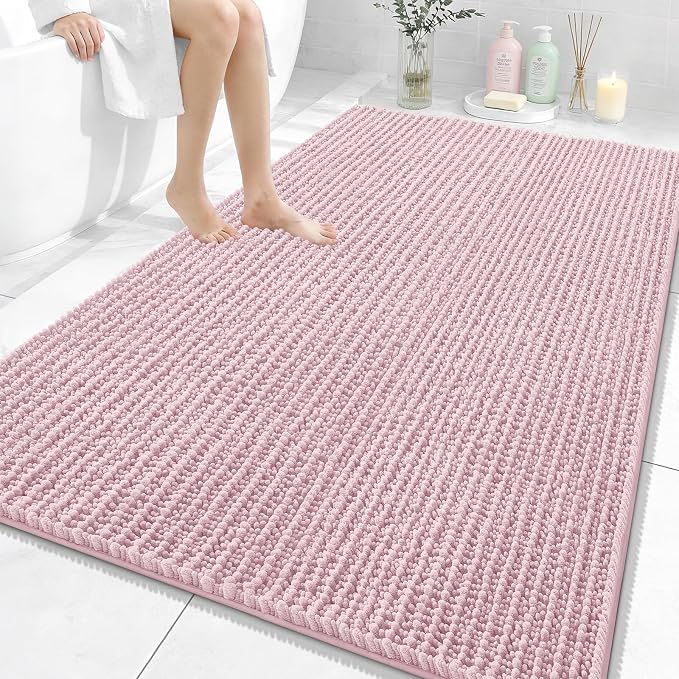 OLANLY Large Bathroom Rugs 59x35, Thick Soft Absorbent Chenille Bath Rugs | Dusty Rose, Quick-Drying Rubber Backing, Shaggy Bath Mat, Machine Washable for Floor, Tub and Shower, Home Decor Accessories