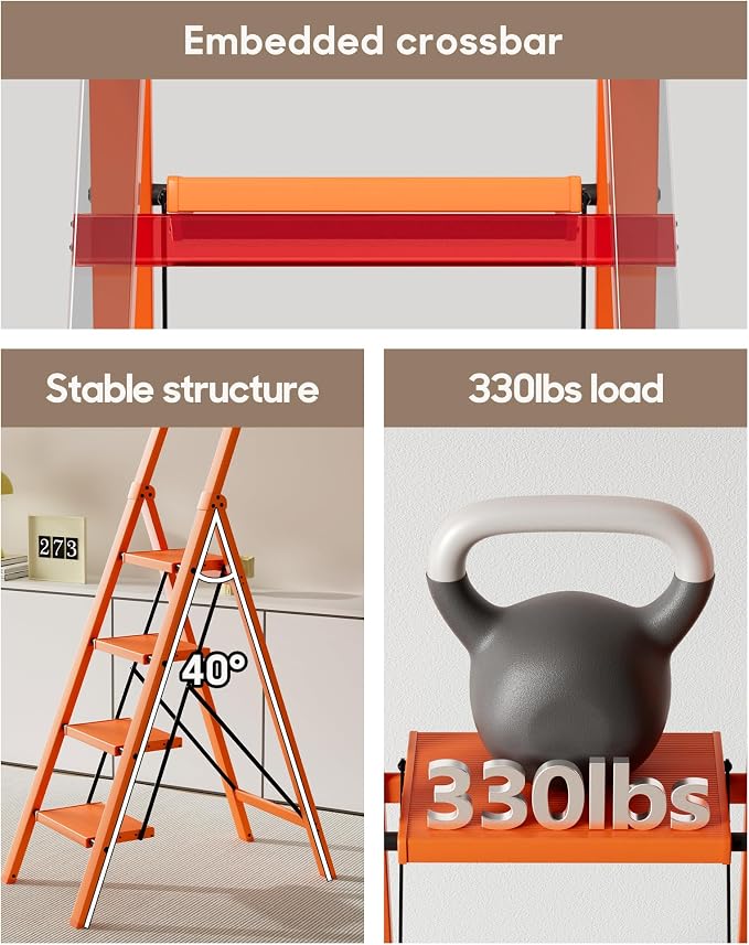 HillhutApex Aluminum 4 Step Ladder, Step Stool Foldable Ladder(Orange) | Stepladder with Handgrip,Anti-Slip Pedals,330lbs Capacity,Lightweight Portable Folding Ladder for Home,Office,Libaray
