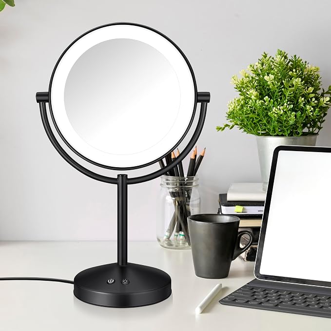 Conair Lighted Makeup Mirror, Double-Sided LED Vanity Mirror with 1X/10X Magnification, 3 Light Settings, 3 Modes, 360° Rotation, Matte Black Finish