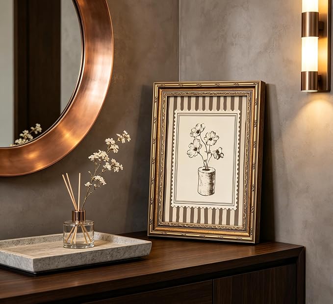 Vintage Gold Frame Floral Wall Art, Antique Stripes Flower Canvas Prints | Neutral Striped Background Flower Vase Wall Decor, Retro Botanical Sketch Poster Artwork for Bathroom Home Decoration12X16in