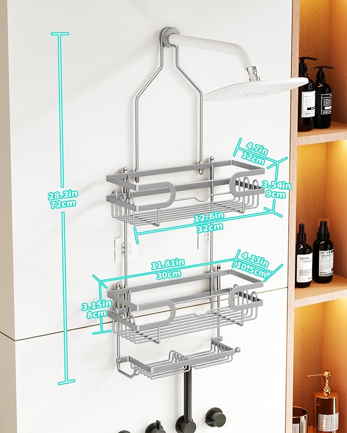 HapiRm Bathroom Hanging Shower Caddy - Rustproof Shower Shelf with 12 Hooks and 2 Soap Holders, No Drilling Bathroom Organizers and Storage - Silver