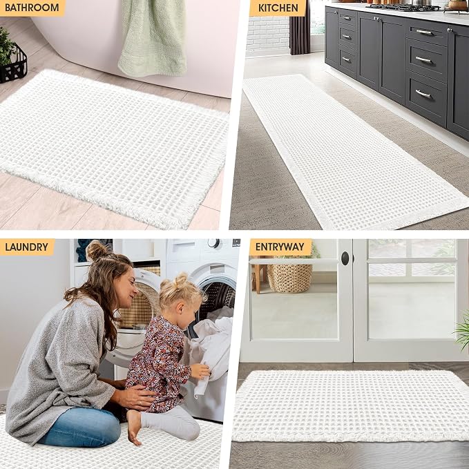 Waffle Bath Mat Set 2 Piece White,Woven Modern Bath Rug Mats, Absorbent Non Slip Bath Floor Mat, Soft Washable Boho Bath Rugs with Tassels for Bathroom, Bedroom, Kitchen,Tub
