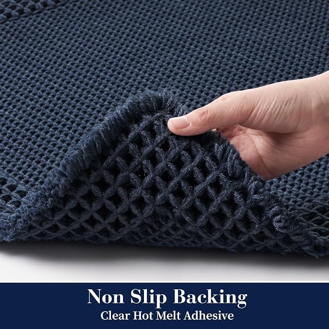 RESARE Waffle Bath Mat for Bathroom, Non Slip Bathroom Rugs 17"x24" Navy | Absorbent Boho Bathroom Floor Mats Machine Washable Quick Dry, Soft Solid Bath Rugs with Tassels, Ideal Farmhouse Home Decor