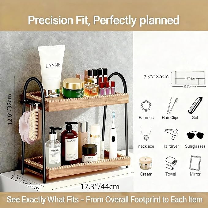 Bathroom Organizer Countertop Tall 2-Tier Waterproof 20+ Bottles 8 Hooks | Tall design for family bathroom/vanity, fits tall perfume/skincare, paulownia wood shelf, 8 hooks keep jewelry tidy, non-slip