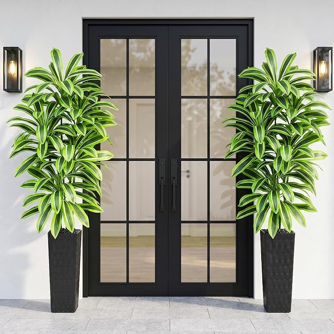 Artificial Yellow Dracaena Tree Indoor, 7FT Tall Fake Floor Plants with Black Planter & Pebbles, Faux Silk Yucca Tree for Home Office Living Room Bedroom Farmhouse Modern Outdoor Topiary Tree